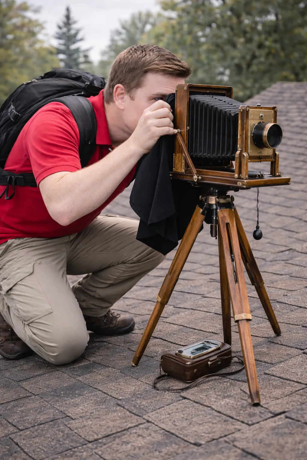 Photographer kneeling beside a large vintage camera on a tripod outdoors, aiming through the viewfinder