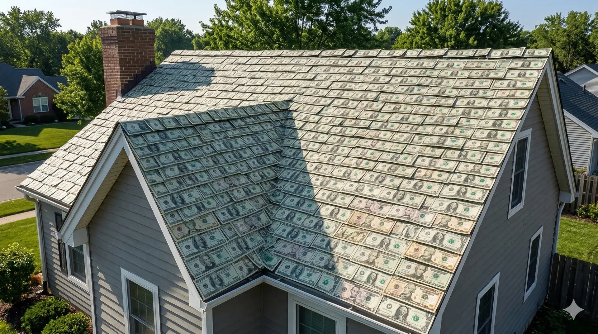 Dollar bills shaped like roof shingles, illustrating the cost of a new roof in Texas